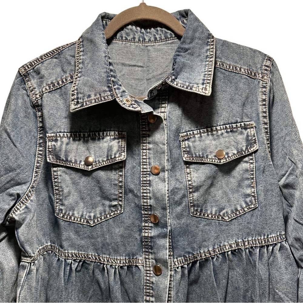Women’s Denim Coat Elegant Button-Up Lapel Design Raw Hem Long Sleeve Loose Fit - Picture 7 of 16